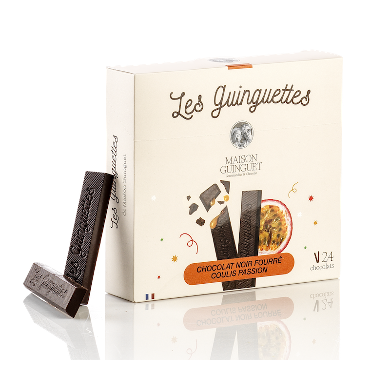 LES GUINGUETTES Chocolat Noir fourrées Passion - 180g Maison Guinguet