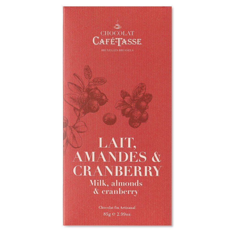 Tablette de chocolat au lait, amandes et cranberry- Café Tasse- 85g