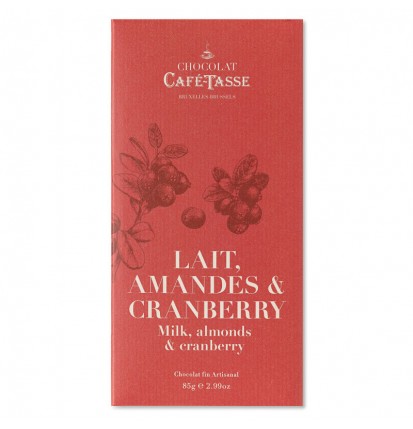 Tablette de chocolat au lait, amandes et cranberry- Café Tasse- 85g