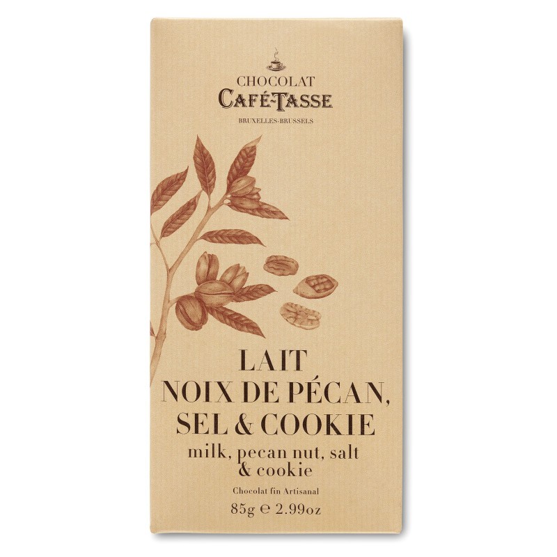 Tablette de chocolat au lait, noix de pécan , sel et cookie- Café Tasse- 85g